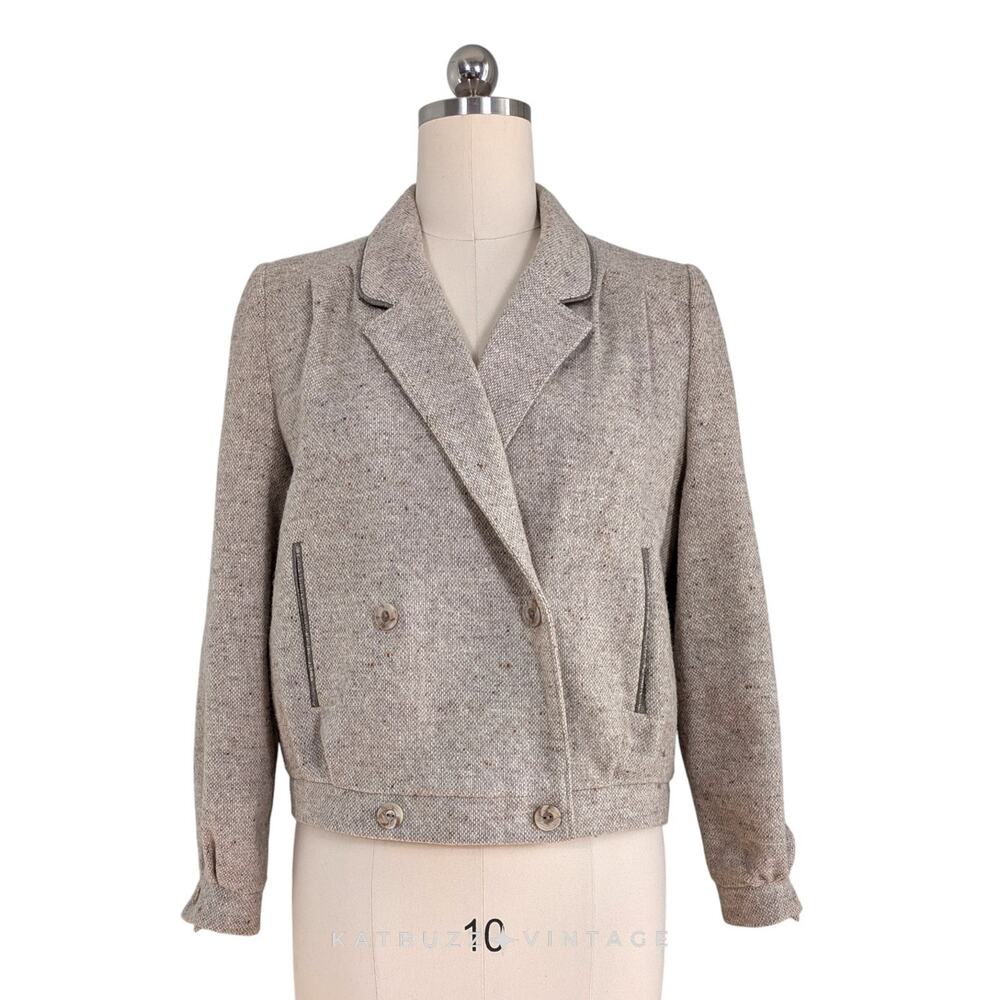 Vintage Wool Blazer Jacket 14 Tan Beige Tweed Double Breasted 80S Uk Cropped - Picture 3 of 15